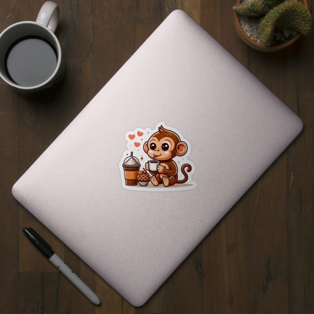 Cute Cafe Monkey Drinking Coffee by rn-eshop